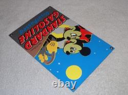 Vintage Standard Gasoline Mickey Mouse & Minnie 11 3/4 Porcelain Metal Oil Sign