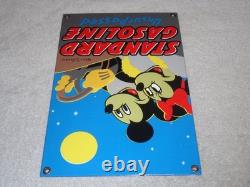 Vintage Standard Gasoline Mickey Mouse & Minnie 11 3/4 Porcelain Metal Oil Sign