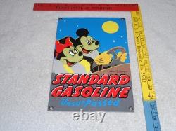 Vintage Standard Gasoline Mickey Mouse & Minnie 11 3/4 Porcelain Metal Oil Sign