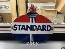 Vintage Standard Oil Sign Porcelain Torch Pump Plate Gas Oil Red Blue Crest