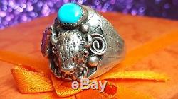 Vintage Sterling Silver Native American Mens Ring Signed DL Turquoise Red Coral