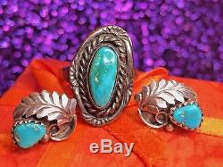 Vintage Sterling Silver Native American Signed Jy Earrings Turquoise & Ring