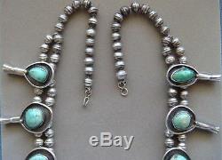 Vintage Sterling Silver Turquoise Navajo Indian Signed Squash Blossom Necklace