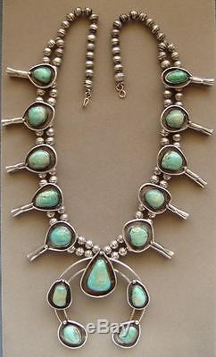 Vintage Sterling Silver Turquoise Navajo Indian Signed Squash Blossom Necklace