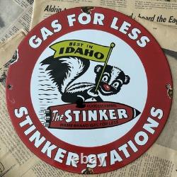 Vintage Stinker Stations Gasoline Fearless Farris 12 Inch Porcelain Enamel Sign