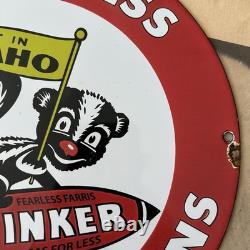 Vintage Stinker Stations Gasoline Fearless Farris 12 Inch Porcelain Enamel Sign