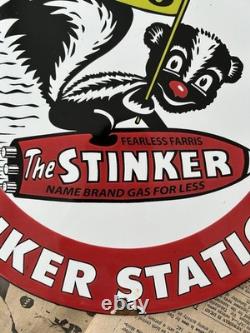 Vintage Stinker Stations Gasoline Fearless Farris 12 Inch Porcelain Enamel Sign