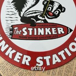 Vintage Stinker Stations Gasoline Fearless Farris 12 Inch Porcelain Enamel Sign
