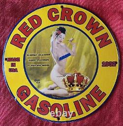 Vintage Style 1932 Red Crown Gasoline With Pinup 12 Inch Porcelain Pump Plate