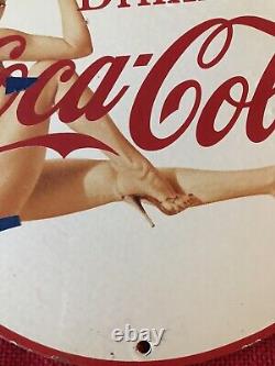 Vintage Style Coca Cola Porcelain Sign Soda Pop Bottle Pin Up 12in Round