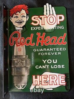 Vintage Style Red Head Spark Plugs 2 Sided Flange 13.5x9.25 Inch Porcelain Sign