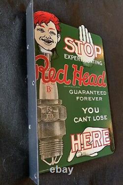 Vintage Style Red Head Spark Plugs 2 Sided Flange 13.5x9.25 Inch Porcelain Sign
