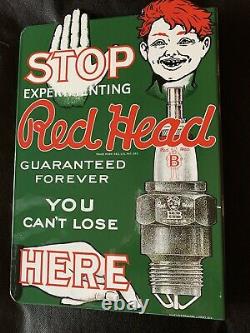 Vintage Style Red Head Spark Plugs 2 Sided Flange 13.5x9.25 Inch Porcelain Sign