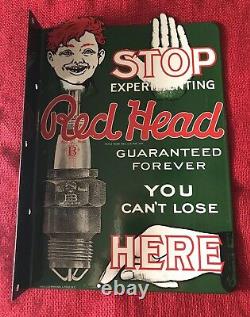 Vintage Style Red Head Spark Plugs Flange Sign 2 Sided 13 1/4 X 9 1/4 Inch