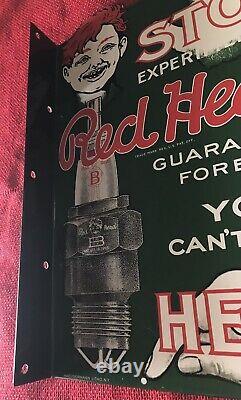 Vintage Style Red Head Spark Plugs Flange Sign 2 Sided 13 1/4 X 9 1/4 Inch