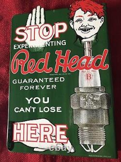 Vintage Style Red Head Spark Plugs Flange Sign 2 Sided 13 1/4 X 9 1/4 Inch