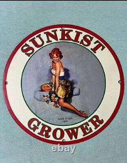 Vintage Sunkist Grower Pinup Girl Porcelain Gas Oil Soda Drink Garage Plate Sign