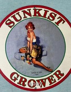Vintage Sunkist Grower Pinup Girl Porcelain Gas Oil Soda Drink Garage Plate Sign