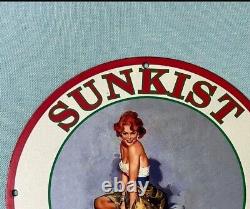 Vintage Sunkist Grower Pinup Girl Porcelain Gas Oil Soda Drink Garage Plate Sign