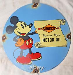 Vintage Sunoco Disney Mickey Mouse Porcelain Sign Pump Plate Gas Station Oil