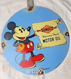 Vintage Sunoco Disney Mickey Mouse Porcelain Sign Pump Plate Gas Station Oil