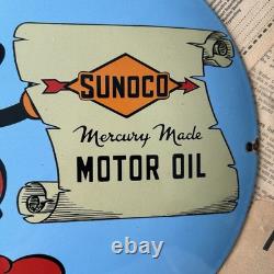 Vintage Sunoco Motor Oil Walt Disney 12 Inch Convex Porcelain Enamel Sign