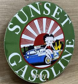Vintage Sunset Gasoline Porcelain Sign Service Gas Station Sunrise Motor Oil