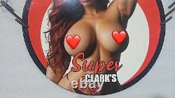 Vintage Super Clark Gasoline Pinup Girl Porcelain Gas Oil Service Pump Ad Sign
