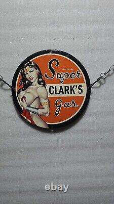 Vintage Super Clark Gasoline Pinup Girl Porcelain Wonder Women Gas Oil Pump Sign
