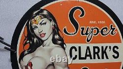 Vintage Super Clark Gasoline Pinup Girl Porcelain Wonder Women Gas Oil Pump Sign