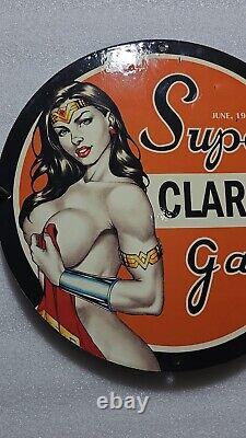 Vintage Super Clark Gasoline Pinup Girl Porcelain Wonder Women Gas Oil Pump Sign