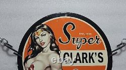 Vintage Super Clark Gasoline Pinup Girl Porcelain Wonder Women Gas Oil Pump Sign