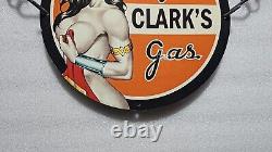 Vintage Super Clark Gasoline Pinup Girl Porcelain Wonder Women Gas Oil Pump Sign