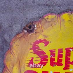 Vintage Super Yellow Shell Old Us Gasoline Oil Gas Pump Enamel Porcelain Sign