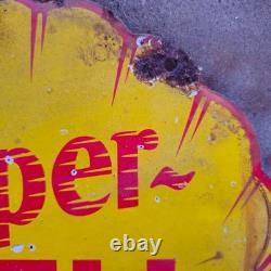 Vintage Super Yellow Shell Old Us Gasoline Oil Gas Pump Enamel Porcelain Sign