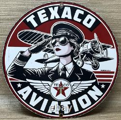 Vintage Texaco Aviation Porcelain Sign Gas Service Station Pump Plate Oil Pin Up