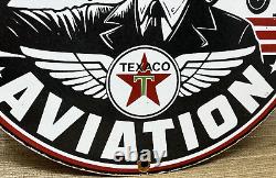 Vintage Texaco Aviation Porcelain Sign Gas Service Station Pump Plate Oil Pin Up