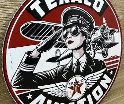 Vintage Texaco Aviation Porcelain Sign Gas Service Station Pump Plate Oil Pin Up