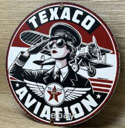 Vintage Texaco Aviation Porcelain Sign Gas Service Station Pump Plate Oil Pin Up