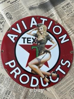 Vintage Texaco Aviation Services Gasoline Pin-up 12 Inch Porcelain Enamel Sign
