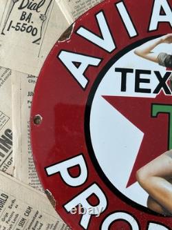 Vintage Texaco Aviation Services Gasoline Pin-up 12 Inch Porcelain Enamel Sign