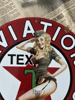 Vintage Texaco Aviation Services Gasoline Pin-up 12 Inch Porcelain Enamel Sign