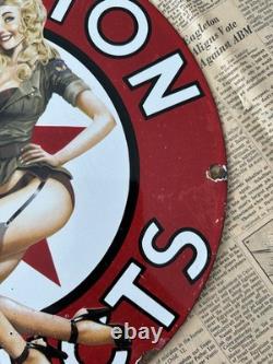 Vintage Texaco Aviation Services Gasoline Pin-up 12 Inch Porcelain Enamel Sign