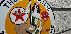 Vintage Texaco Gasoline Porcelain Gas Oil Fire Chief Hotter It Is Service Sign