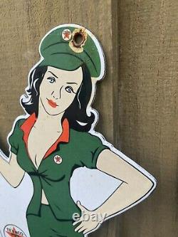 Vintage Texaco Porcelain Sign Gas Pump Girl Oil Service Station Texas Star Lady