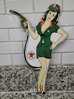 Vintage Texaco Porcelain Sign Metal Texas Gas Station Pump Girl Oil Garage Plate