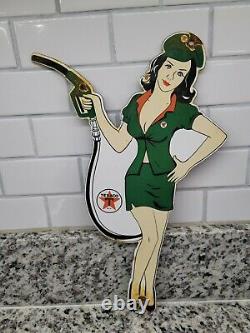 Vintage Texaco Porcelain Sign Metal Texas Gas Station Pump Girl Oil Garage Plate