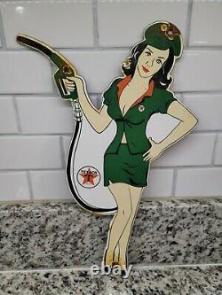 Vintage Texaco Porcelain Sign Metal Texas Gas Station Pump Girl Oil Garage Plate