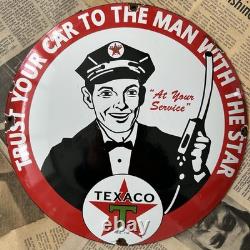 Vintage Texaco Trust Your Car To Man W Star 12 Inch Convex Porcelain Enamel Sign