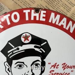Vintage Texaco Trust Your Car To Man W Star 12 Inch Convex Porcelain Enamel Sign